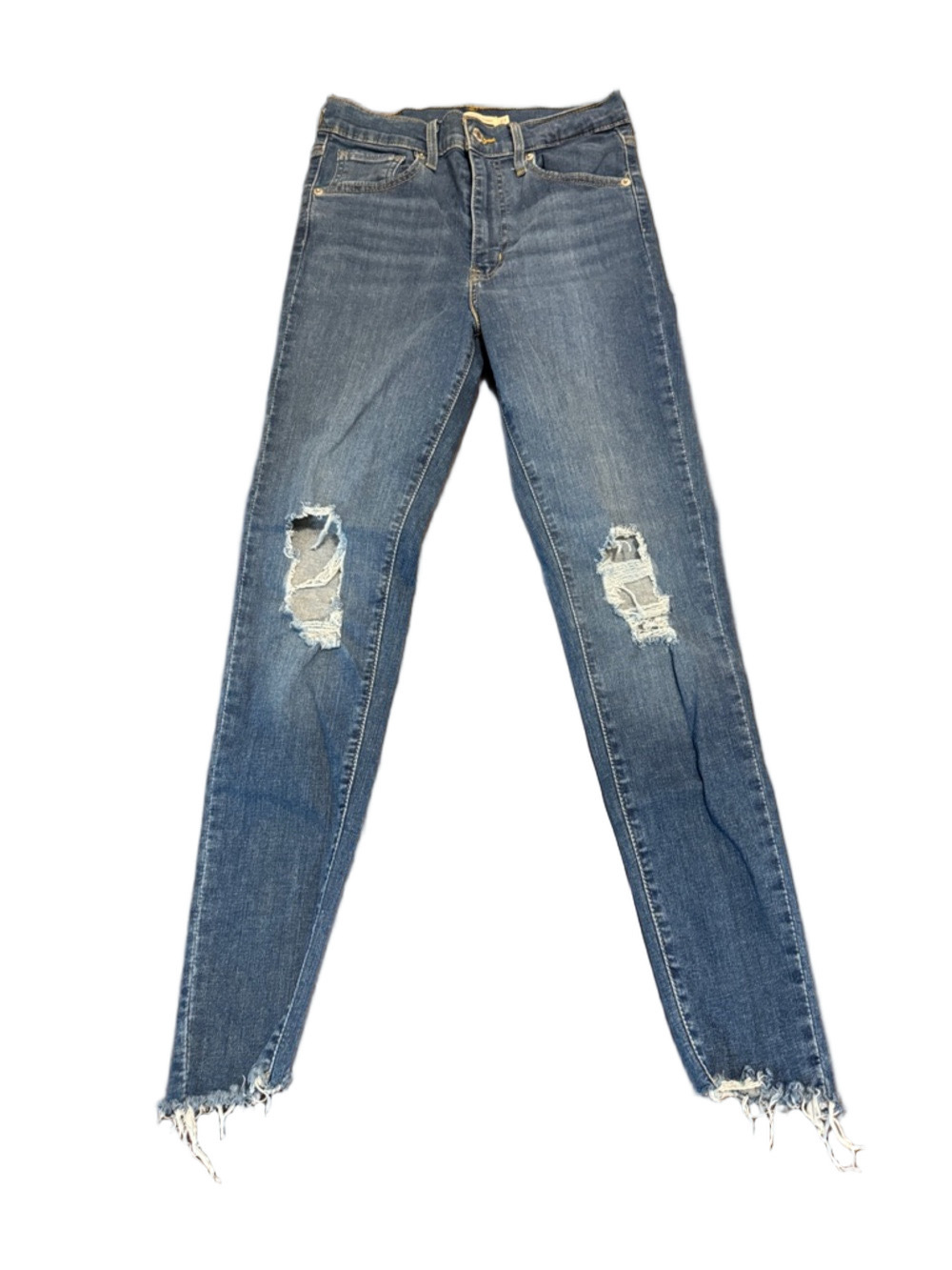 Levi's Dark Blue Distressed Mile High Super Skinny Denim Jeans with Raw Hem 27
